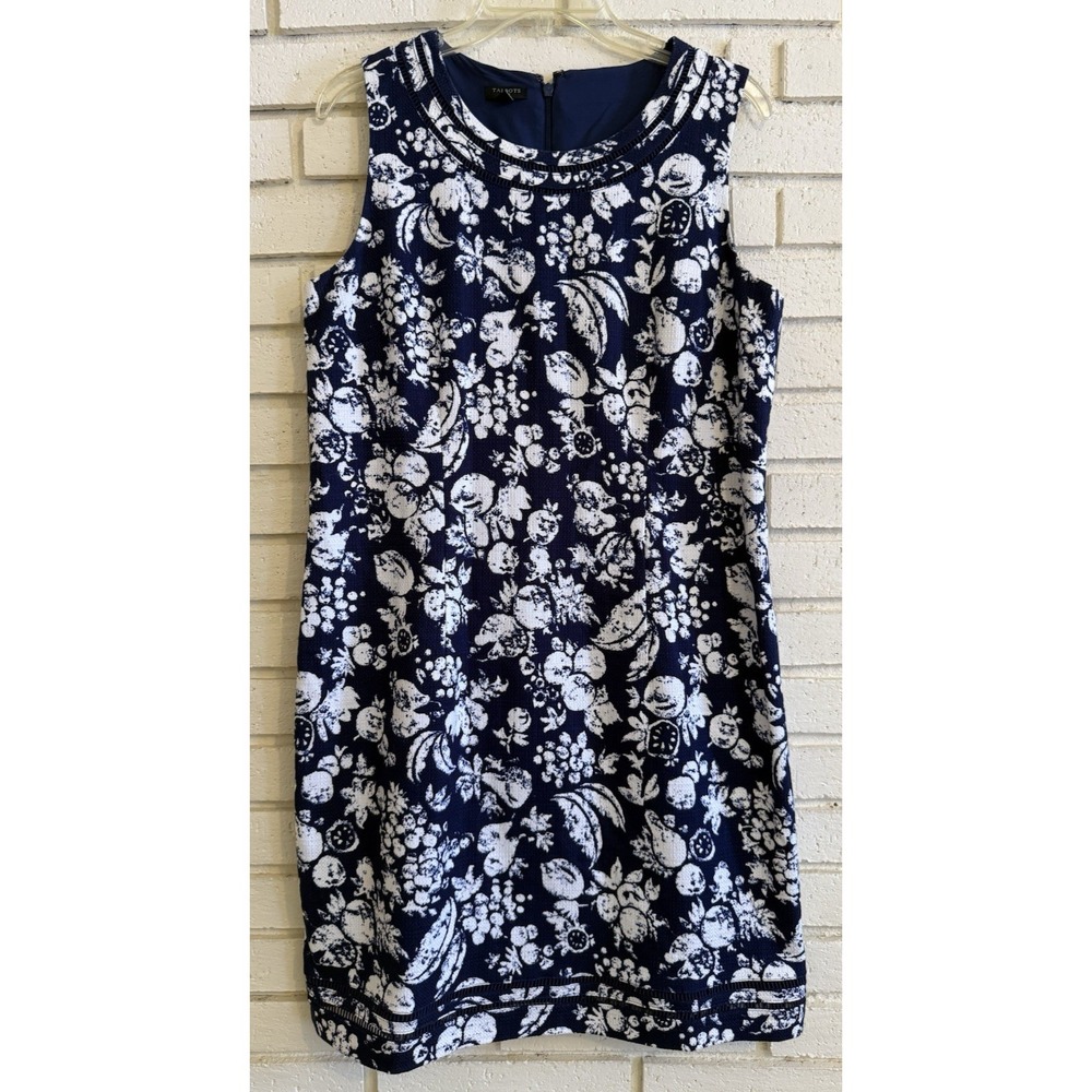 Talbots Sleeveless Tweed Women's Dress Sz 12p Blue White Floral Sheath Dress